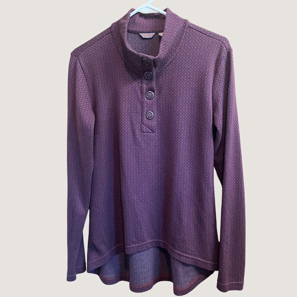 Merrell Pullover Women L Purple Diamond Print Button Funnel Neck High Low Hem